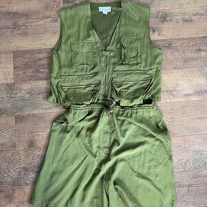 Bloomingdales Vintage 100% Silk Utility Vest and Shorts Set Olive Green Large